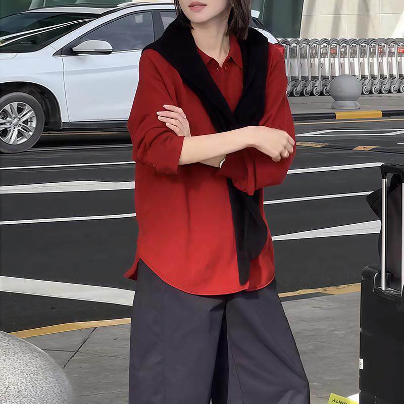 JOYIASS复古红色中长款开叉长袖衬衫女款2025新款秋款宽松设计感