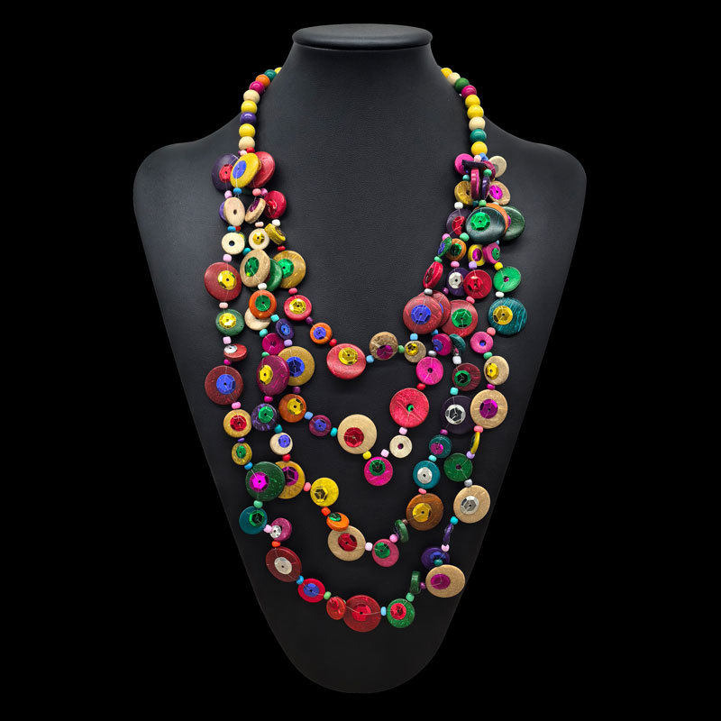 波西米亚椰壳黑色彩色亮圆片多层木头长毛衣链女批发 necklace