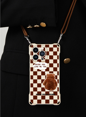 适用苹果12手机壳背带斜跨新款14pro棕色可背iphone13prmax全包带挂绳16挂脖15可爱熊11原创格子x卡通小众