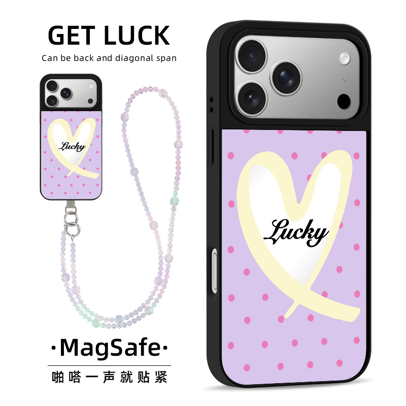 原创粉紫波点爱心适用iphone15promax手机壳创意小众时尚苹果17pro带挂绳垫片防丢个性创意16潮流日韩ins磁吸