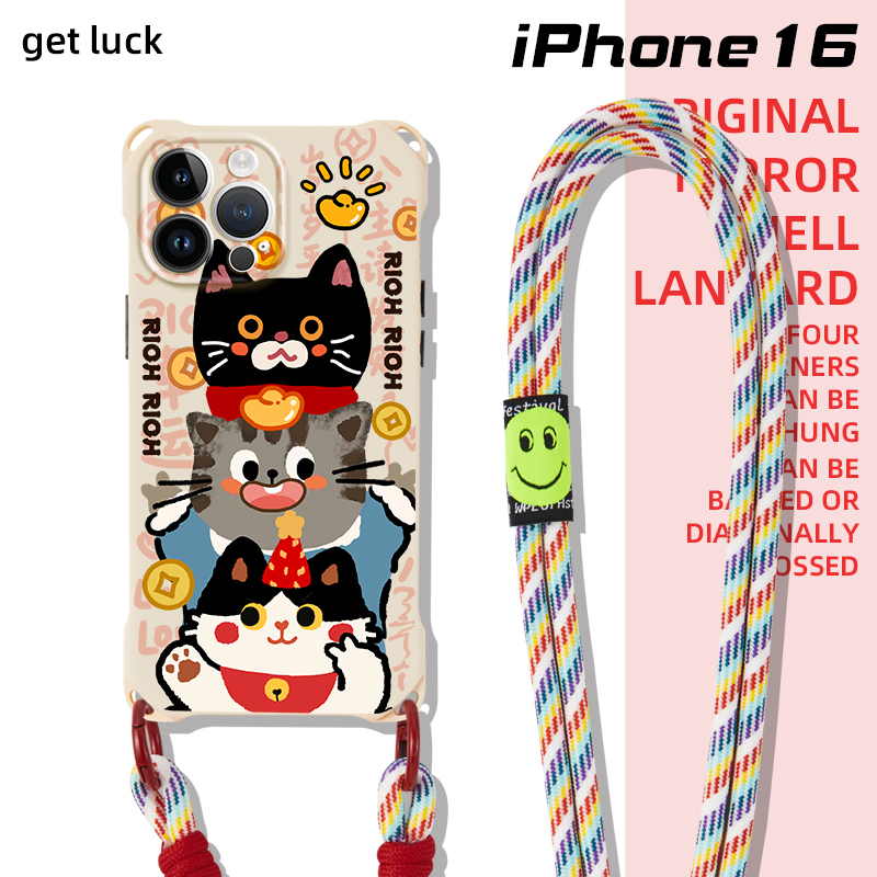 原创猫猫送喜适用iphone17promax华为pura70手机壳卡通13/12背带斜挎苹果15/16plus手提p60腕带新款mate70pro