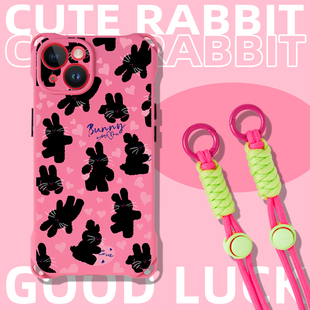 适用苹果13promax手机壳带挂绳新款女12背带斜跨15粉色iphone14pro可背挂脖11创意ins风xs max原创卡通xr小众