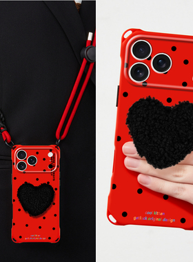 原创黑色小波点适用于iphone17promax华为mate60手机壳红色新款pura70毛球支架苹果16plus斜挎挂绳15pro防摔