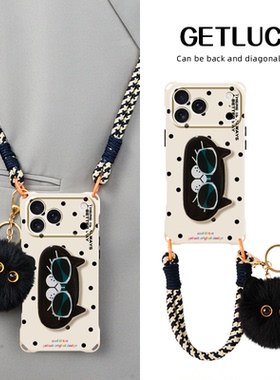 原创黑色小波点适用苹果17promax华为mate70手机壳卡通可爱pura80墨镜猫支架iphone16plus新款小众15pro卡通