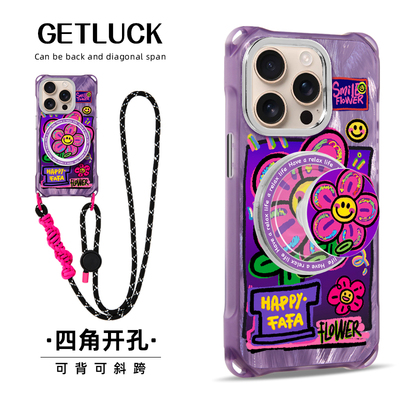 原创开心花适用苹果15promax手机壳小众新款17创意磁吸iphone16pro斜挎手提挂绳背带13卡通潮流14支架紫色12