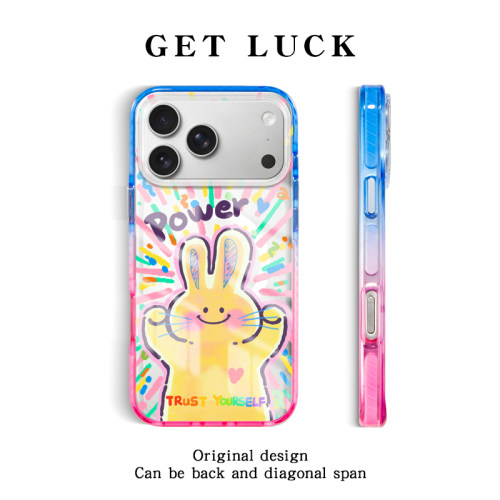 原创power兔子适用iPhone17ProMax手机壳粉蓝渐变撞色边框磁吸苹果16pro可手提斜挎挂绳串珠镭射防摔15小众