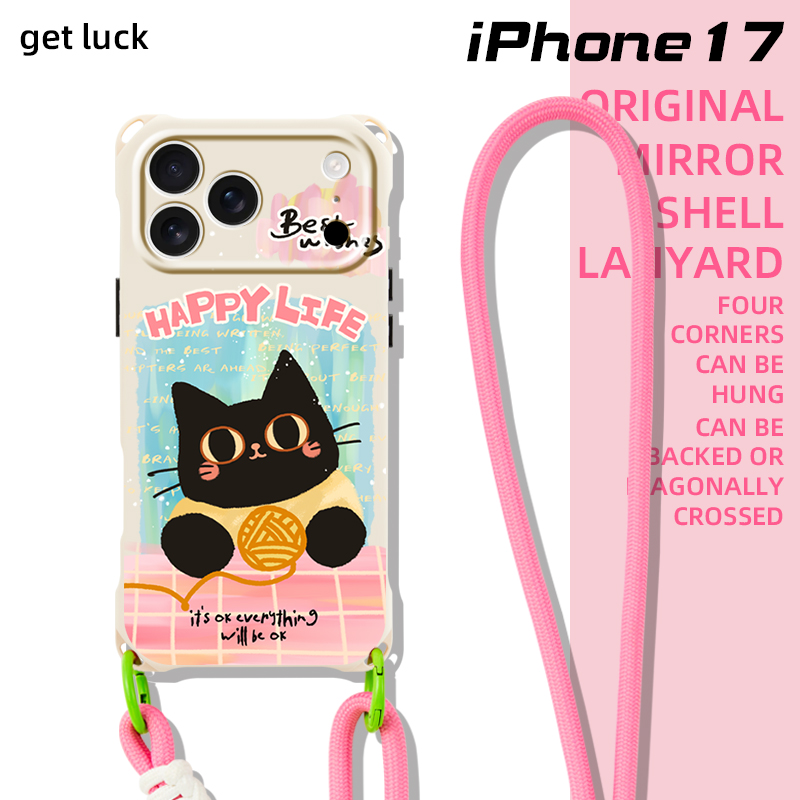 原创唯美黑猫适用苹果17promax华为mate70手机壳小众新款pura80斜挎挂绳iphone16plus卡通可爱15pro防摔个性