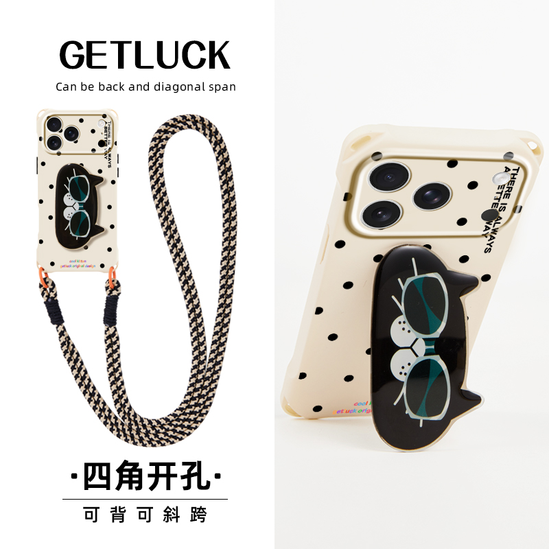 原创卡通墨镜猫猫适用iphone14promax手机壳17斜挎小众ins苹果15pro带折叠支架13手提挂绳12新款11新款16高级