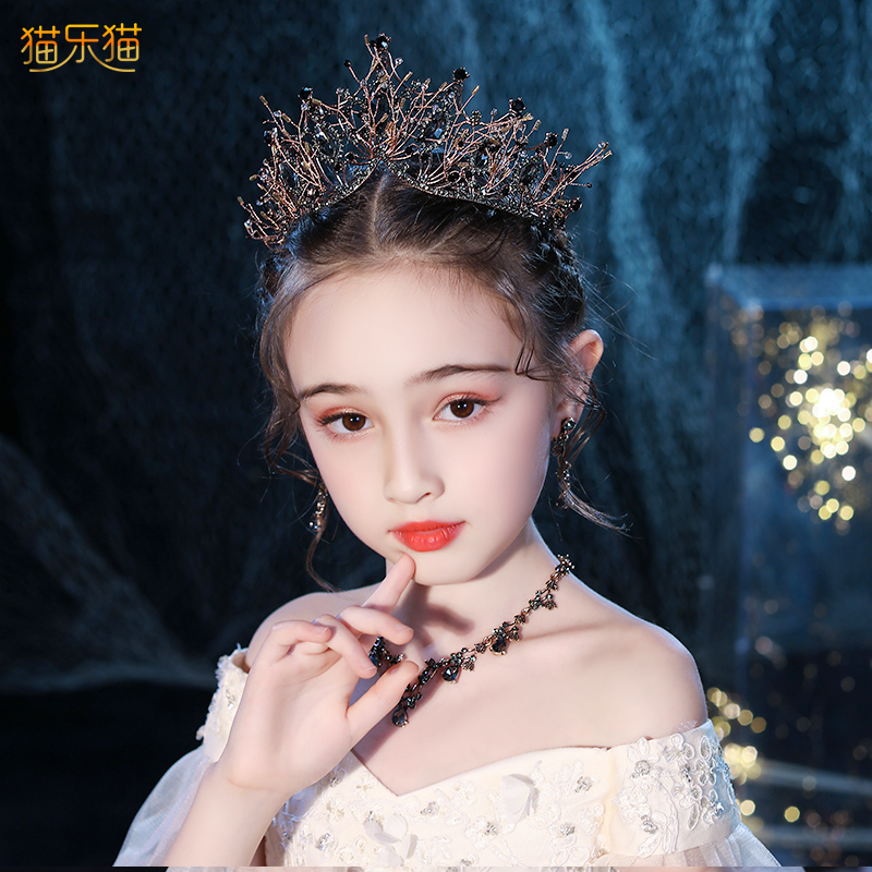 黑色韩式儿童皇冠头饰公主小孩女童宝宝水钻生日王冠派对走秀表演