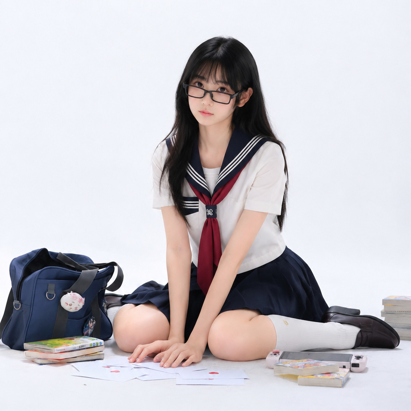 鱼蒸蒸原创正版JK制服白三本水手服基础款甜软妹学院风短长袖套装