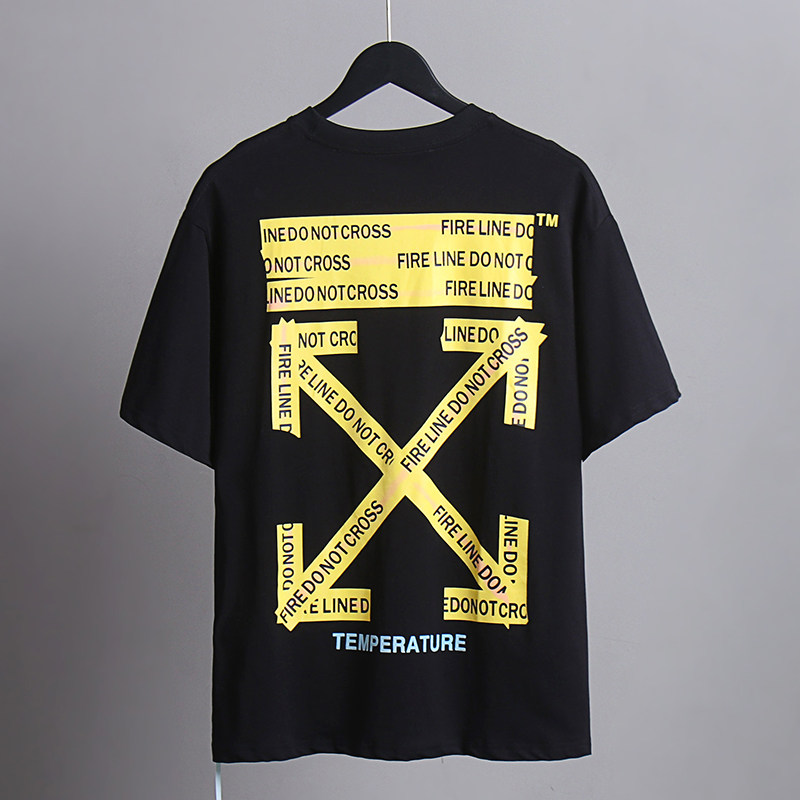 OFF-WHIOS夏季新品黄色警戒线圆领短袖男OW潮牌休闲t恤情侣款ins