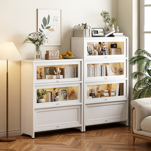 享诗曼书柜带玻璃门书架30cm窄边置物柜客厅展示家用铁皮储物柜子