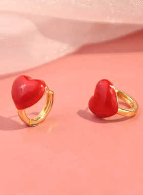925银甜美红色大爱心耳扣女气质轻奢金色耳圈ins风小众设计新款