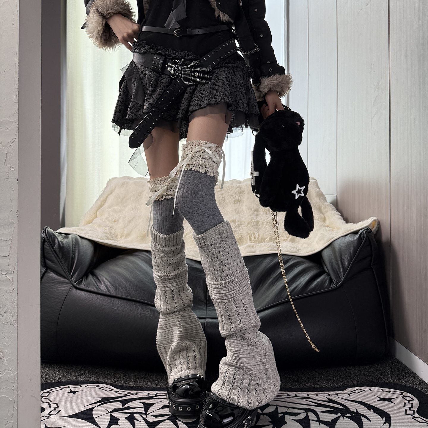 低保真甜心灰色花边绑带过膝叠针织腿套初冬古早y2k千禧亚文化DF