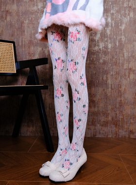 古早像素花室·白色玫瑰花卉连裤袜x镂空渔网千禧y2k日杂轻亚风DF