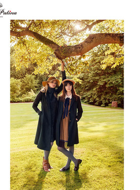 MP英伦复古原创设计 西装墨绿色条纹毛呢外套中长款修身大衣外套