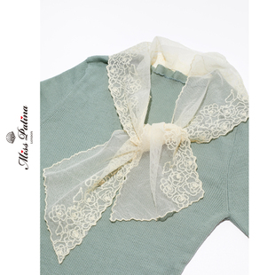 MP高端丝光羊毛中袖薄款针织衫多种穿法复古做皱蕾丝网纱领巾上衣