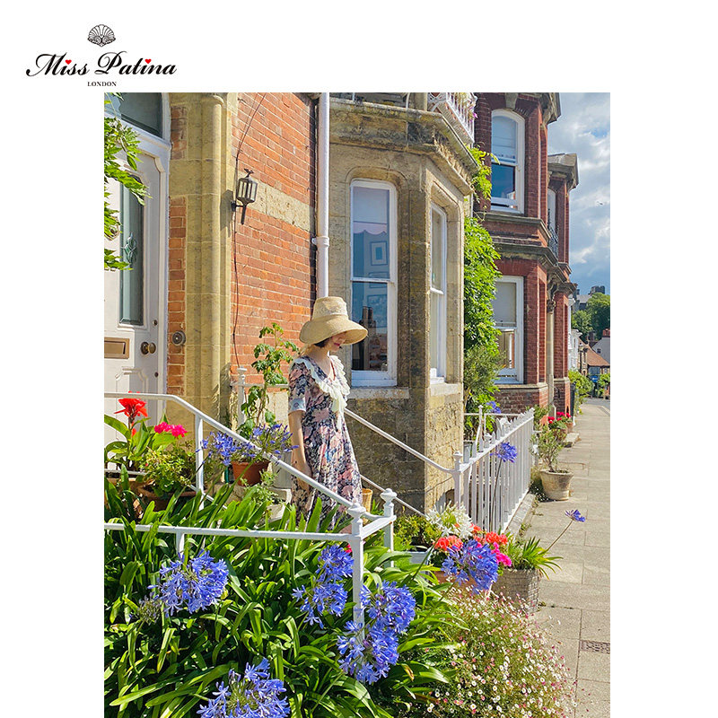 MP英伦复古原创设计 紫蔷薇碎花优雅气质拼接定位花系带连衣裙