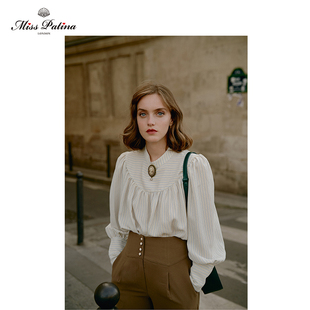 MP英伦复古原创设计  古典爱德华风格灯笼袖条纹披肩长袖上衣