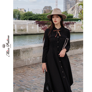 MP英伦复古原创 暗夜骑士竖条纹可拆卸领结不规则裙摆连衣裙显瘦