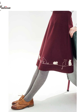 MissPatina 英伦复古呢子高腰A字裙 猫咪刺绣 优雅气质半裙