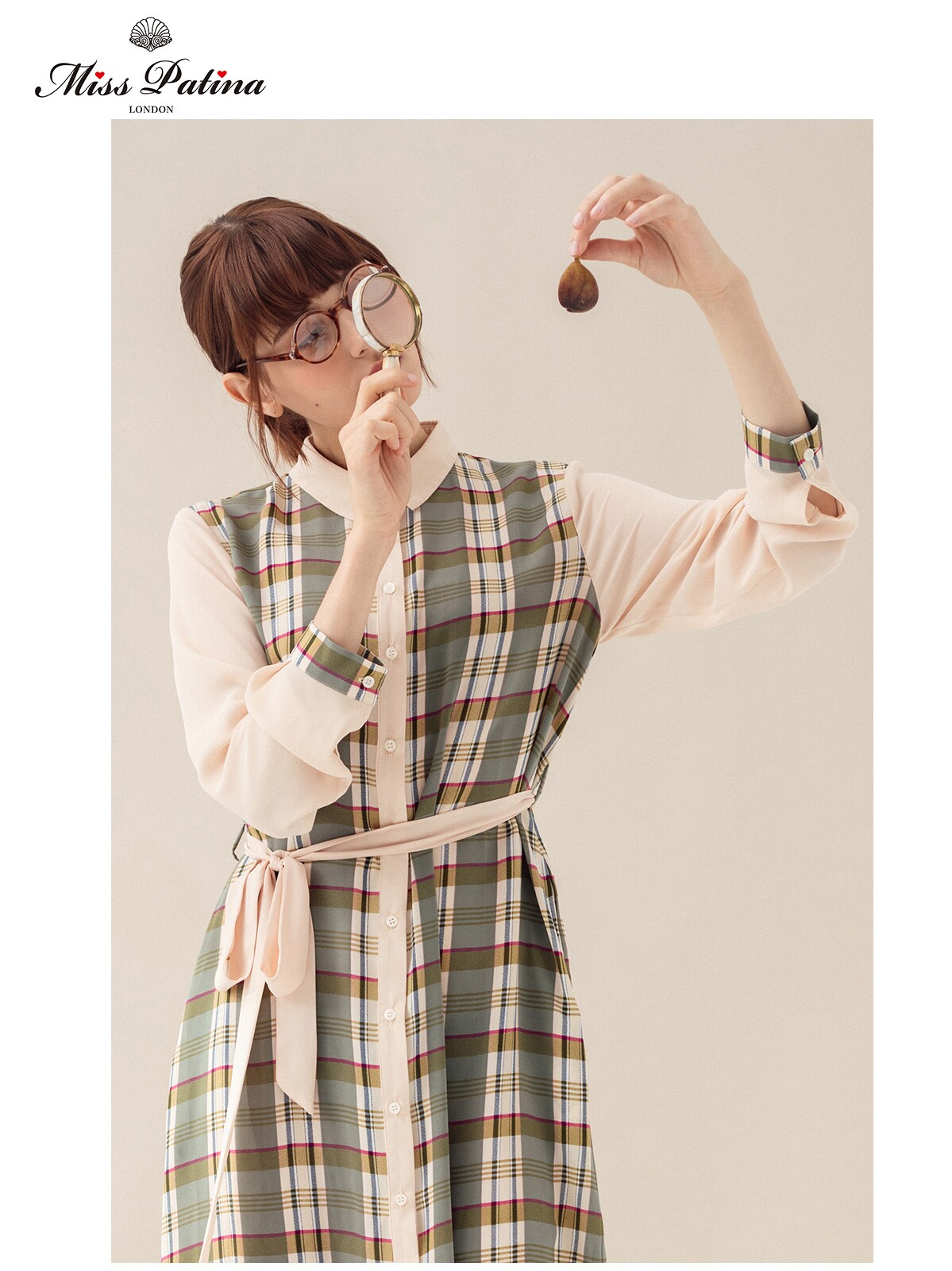 MP英伦复古原创设计 绿野仙踪撞色格子飘逸系带衬衫连衣裙
