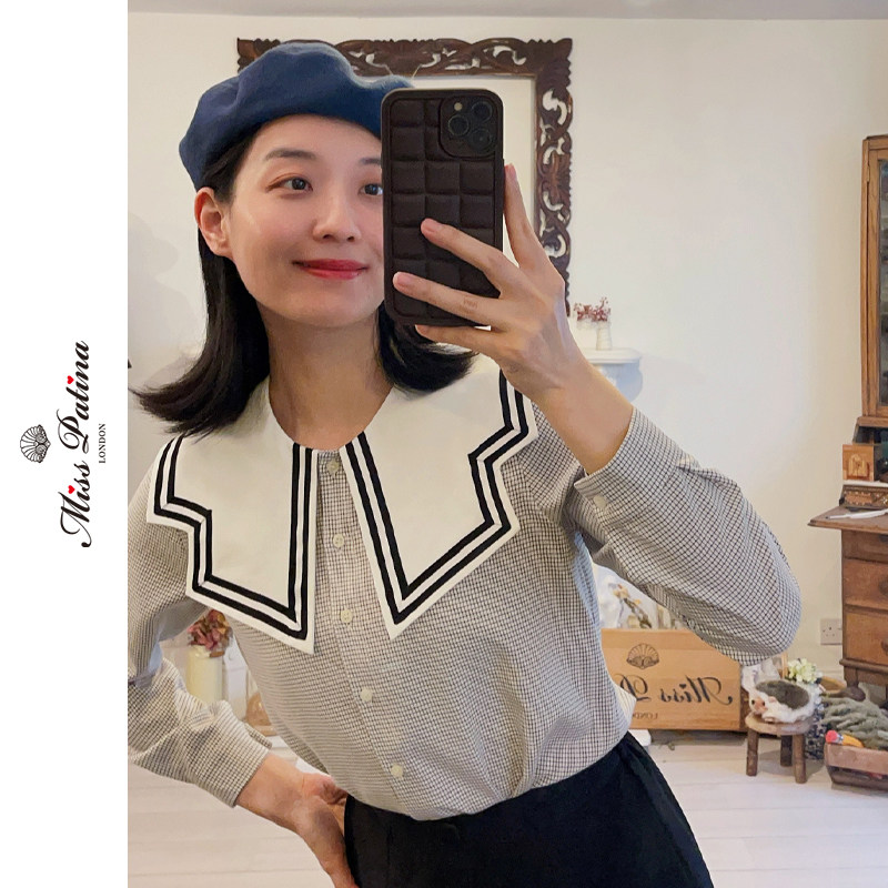 misspatina大水手领小格子衬衫