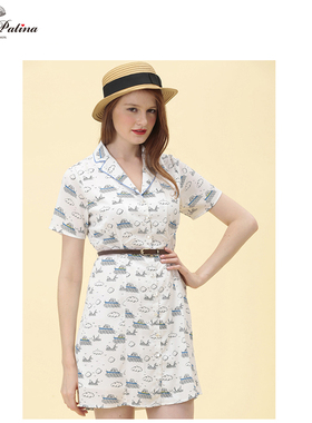 MissPatina复古英伦  西装领云朵帆船印花短袖A字修身连衣裙