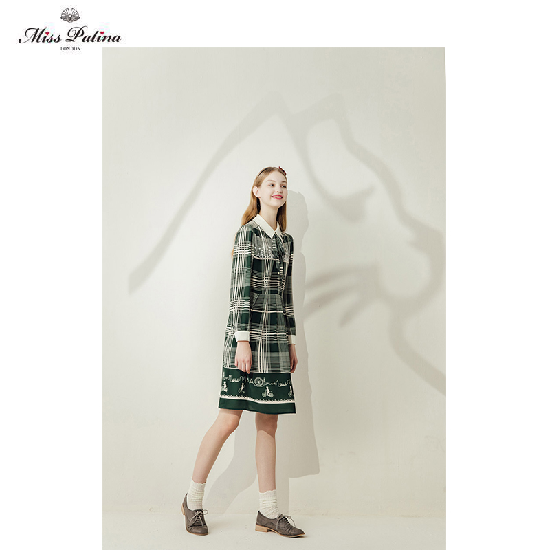 mp原创设计萌猫游复古长袖连衣裙