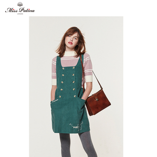 MP英伦古典旋律系列原创音乐猫咪刺绣橄榄绿灯芯绒背带裙