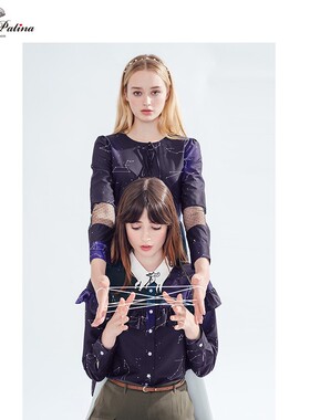 MissPatina复古英伦原创设计星空印花独角兽原创刺绣领长袖衬衫