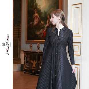 MP英伦复古原创竖条纹衬衫连衣裙女不规则裙摆长袖收腰显瘦气质裙