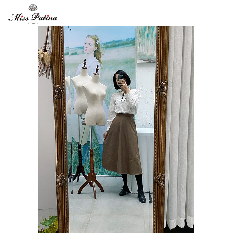 爱德华的情书 高端西服面料英伦棕色格子A字型显瘦收腰中长半裙