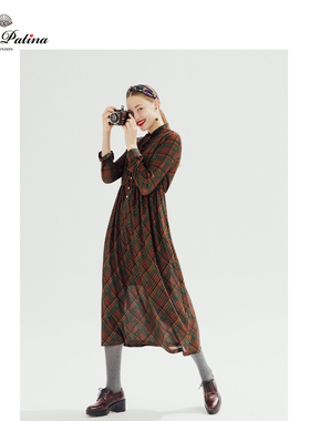 MP英伦复古原创设计 格子系带绿色竖条纹微闪典雅通勤修身连衣裙