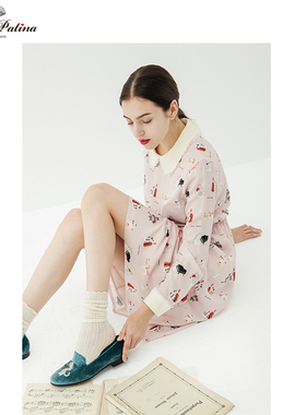 MissPatina英伦复古原创设计 优雅修身钢琴猫咪印花连衣裙