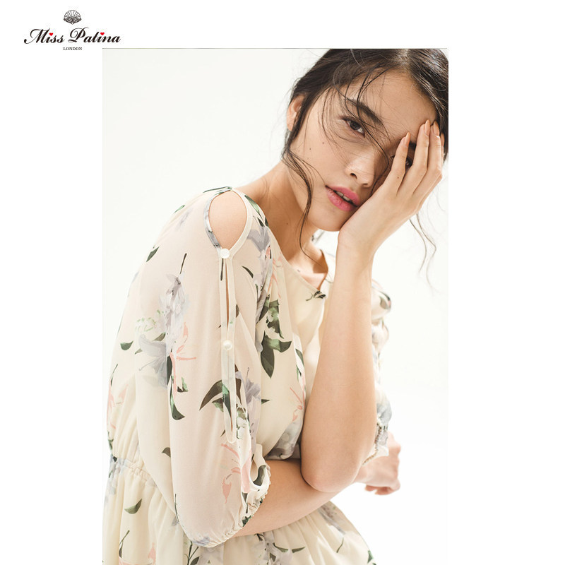 MissPatina英伦复古原创设计 复古田园风百合印花飘逸中袖连衣裙