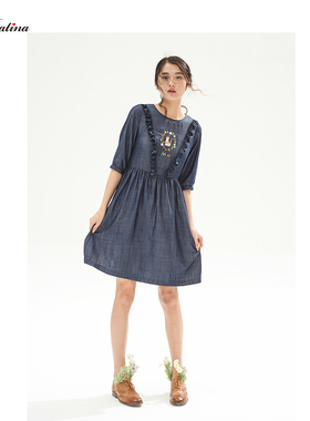 MissPatina英伦复古原创设计 猫咪田园花朵刺绣天丝牛仔连衣裙