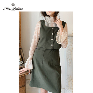 MP英伦复古原创设计 学院风绅士猫刺绣口袋减龄显瘦背心裙