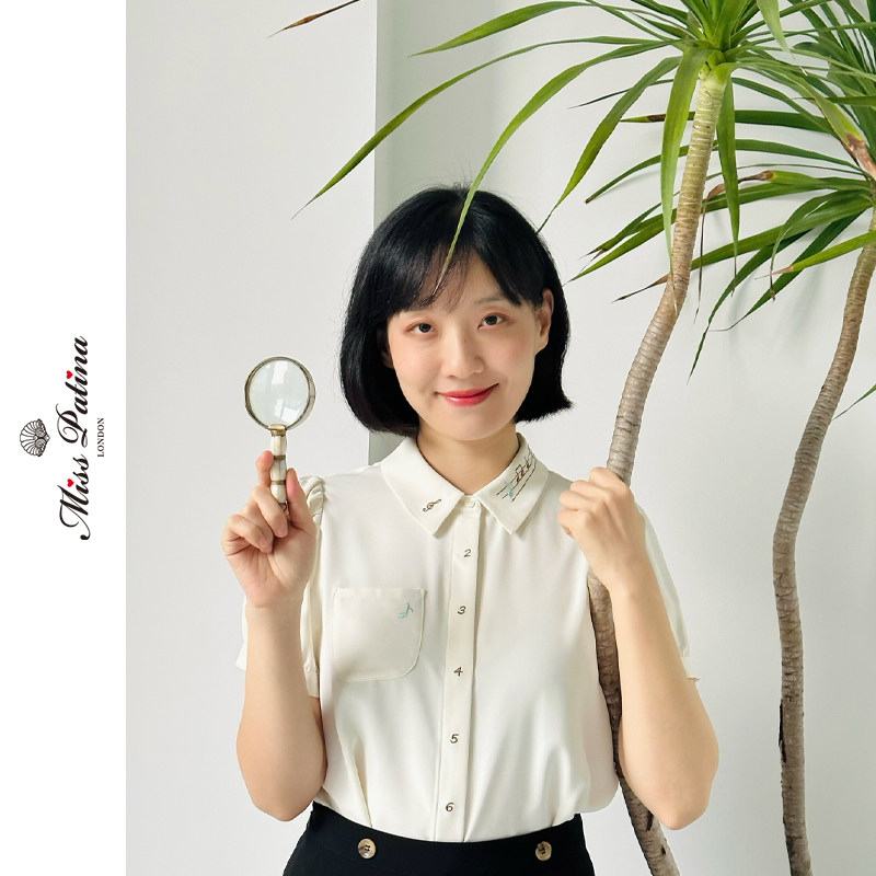 MP学院风音符绣花翻领短袖衬衫