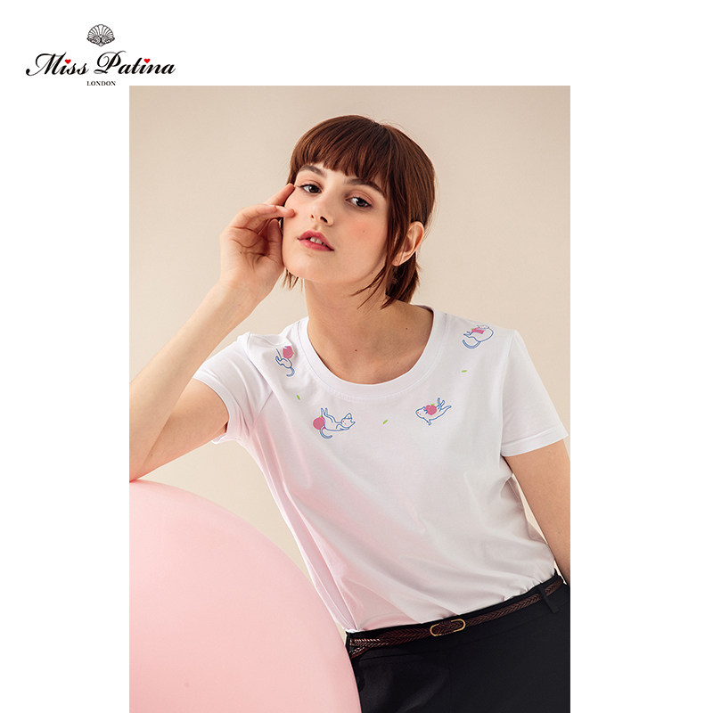 MP英伦复古原创设计 植绒蜜桃瑜伽猫简约百搭舒适短袖T-shirt