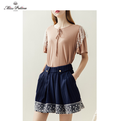 MP英伦条纹短裙裤猫咪蕾丝短裙裤