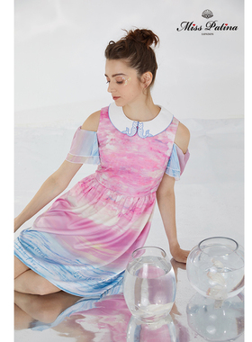 MissPatina英伦复古原创设计 美人鱼猫咪刺绣领彩虹短袖连衣裙