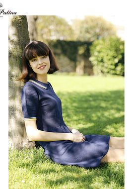 MissPatina英伦复古翻领甜美透气修身针织连衣裙蓝色升级版