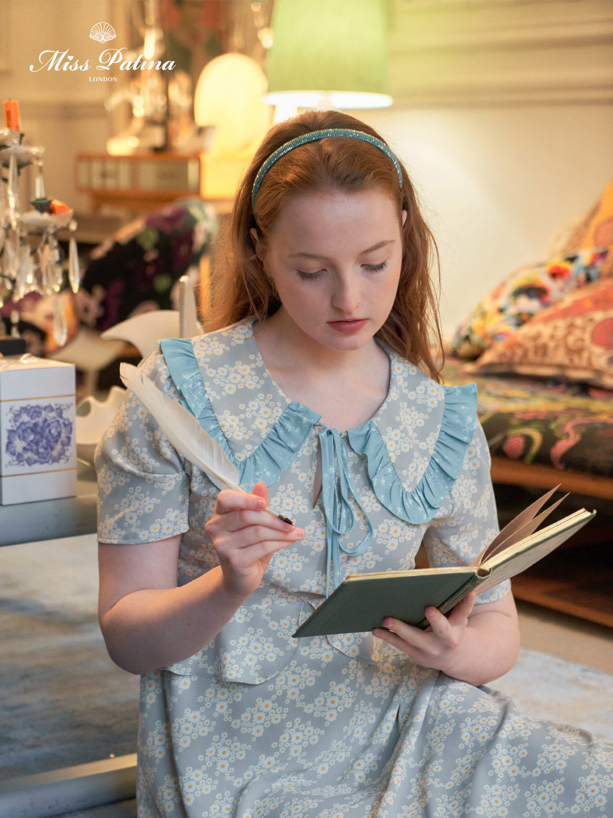 MP英伦复古原创设计戴安娜·巴里小雏菊撞色荷叶边领短连衣裙夏季