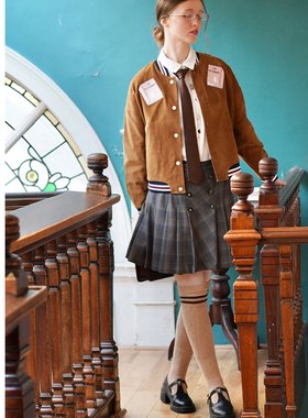 MP英伦复古原创学院风灯芯绒短外套女春秋夹克棒球服格子半裙套装