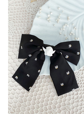 MP复古手工缝制黑色猫咪印花小天使气质大蝴蝶结头饰发饰发夹