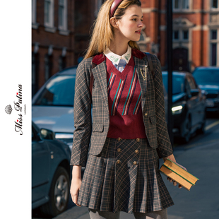 MP复古原创设计奇尔顿jk学院风格纹双排扣百褶迷你A字半裙秋冬新