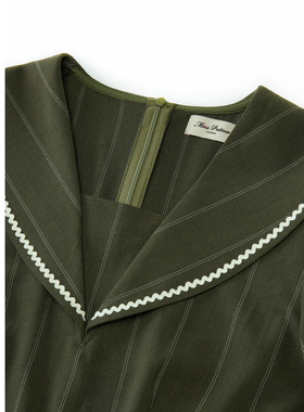 MP英伦复古原创设计 军绿色条纹海军领短袖上衣短款修身显瘦