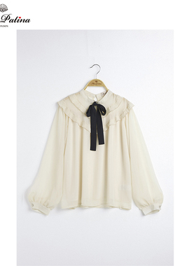 MP英伦复古原创设计 超仙蝴蝶结系带花边垂坠撞色荷叶领长袖上衣