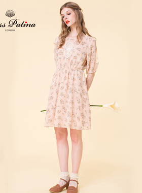 MissPatina英伦复古原创设计 淑女优雅印花蕾丝装饰松紧腰连衣裙